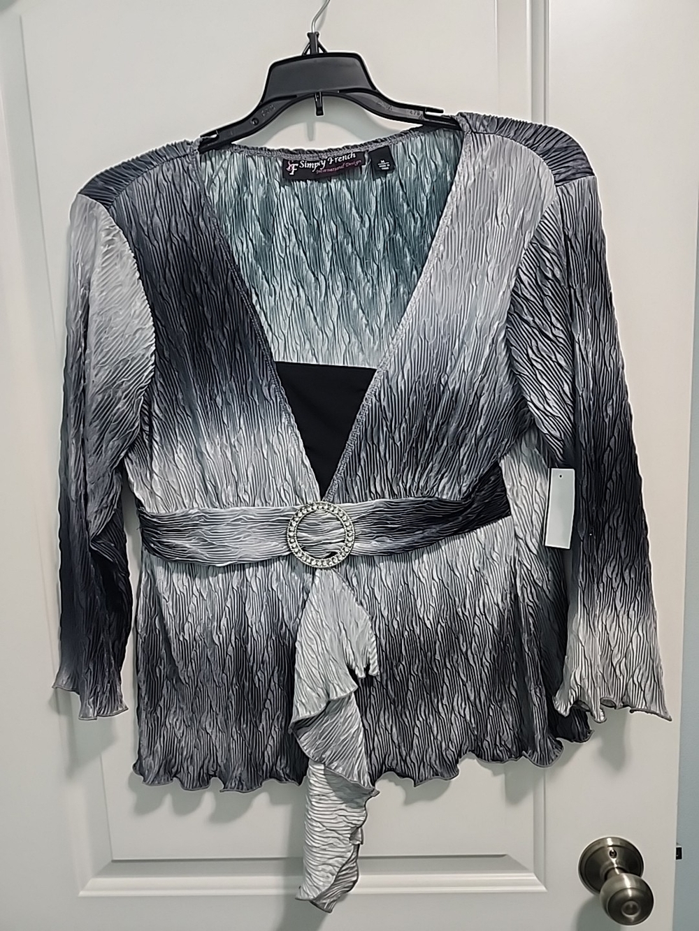 Simply French Women's Black & Gray Crinkle Wrap Top with Belt